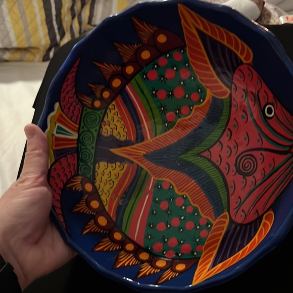 Hand Painted Folk Art Red Clay Footed Bowl - Colorful Tropical Fish. 10 in. Wide - Picture 3 of 7